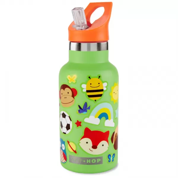 SKIP HOP Láhev se slámkou nerezová s nálepkami canteen 380 ml, 4r+