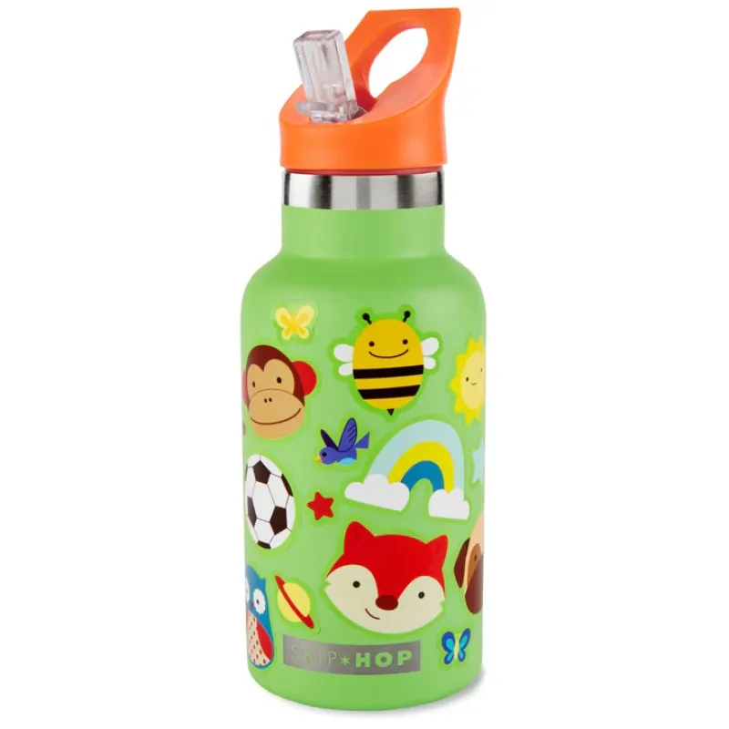 SKIP HOP Láhev se slámkou nerezová s nálepkami canteen 380 ml, 4r+